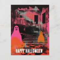 Retro Haunted Halloween House Pink Orange Ghosts