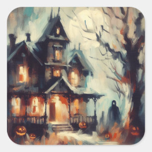 Retro Haunted House with Jack-o'-lantern Spooky Square Sticker