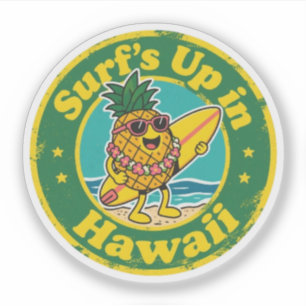 Retro Hawaii Badge-Pineapple with Lei Surfboard