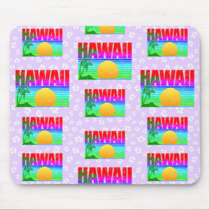 Retro Hawaii Sunset Beach Purple Hibiscus Mouse Pad