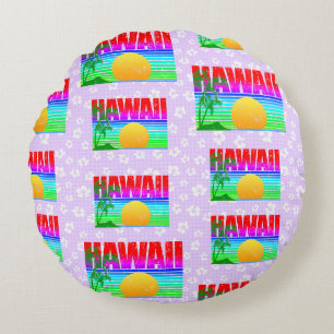 Retro Hawaii Sunset Beach Purple Hibiscus Round Cushion