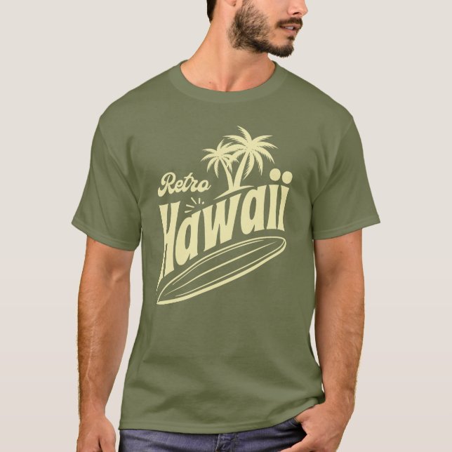 Retro Hawaii Vibes with Palm Trees and Surfboard  T-Shirt (Front)