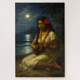 Retro Hawaiian Girl & Ukulele On A Moonlit Beach Jigsaw Puzzle