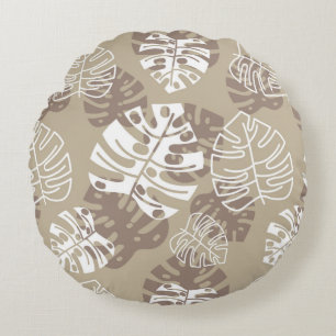 Retro Hawaiian Monstera Leaf Cool Browns Round Cushion