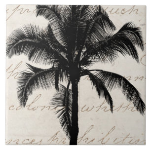 Retro Hawaiian Tropical Palm Tree Silhouette Black Ceramic Tile