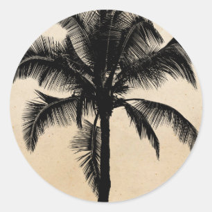 Retro Hawaiian Tropical Palm Tree Silhouette Black Classic Round Sticker