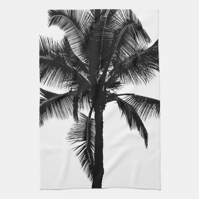 Retro Hawaiian Tropical Palm Tree Silhouette Black Tea Towel (Vertical)