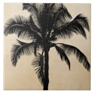 Retro Hawaiian Tropical Palm Tree Silhouette Black Tile