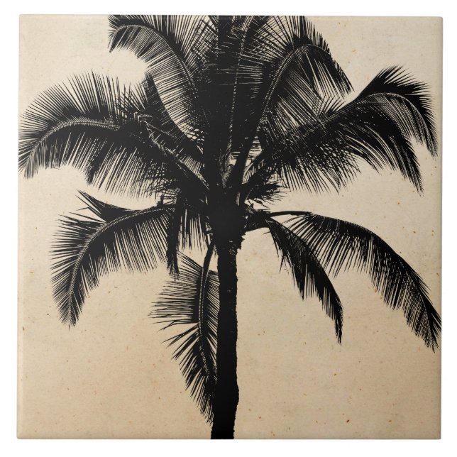 Retro Hawaiian Tropical Palm Tree Silhouette Black Tile (Front)