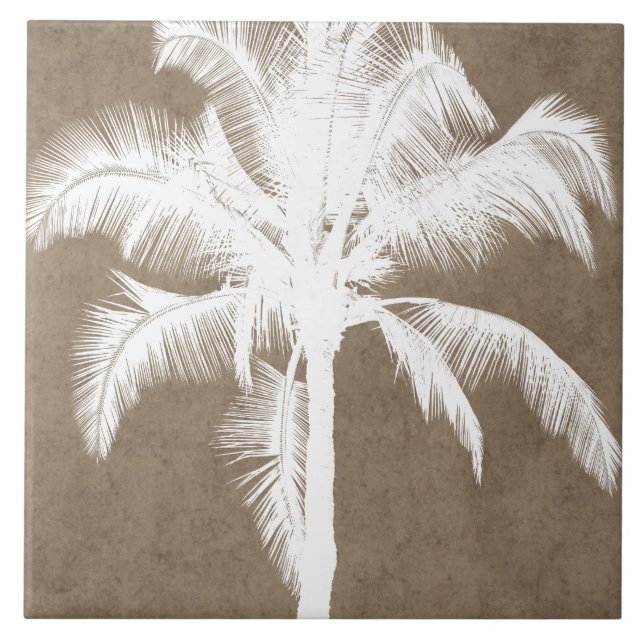 Retro Hawaiian Tropical Palm Tree Silhouette White Ceramic Tile (Front)
