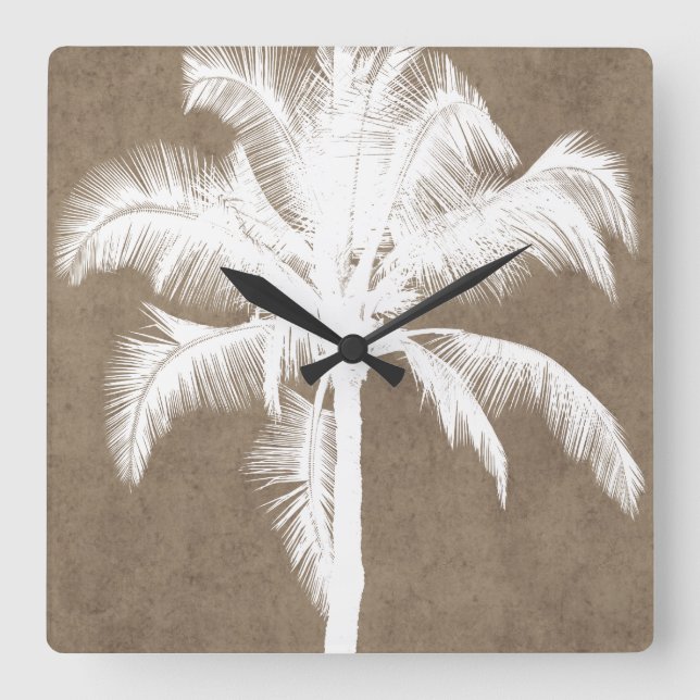 Retro Hawaiian Tropical Palm Tree Silhouette White Square Wall Clock (Front)