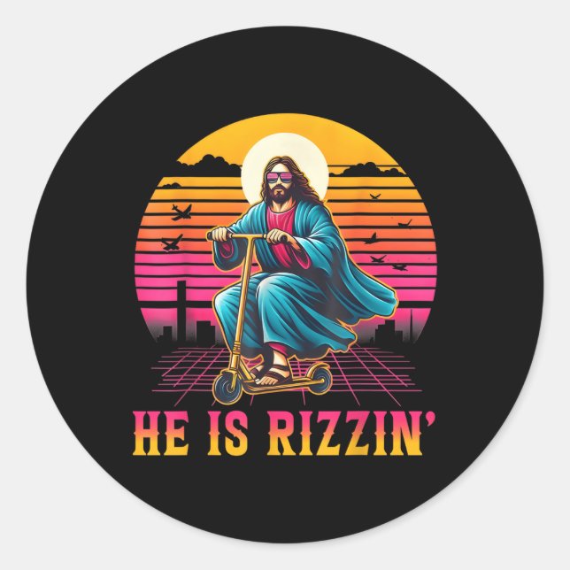 Retro He Is Rizzin Funny Jesus Has Rizzen Easter C Classic Round Sticker (Front)