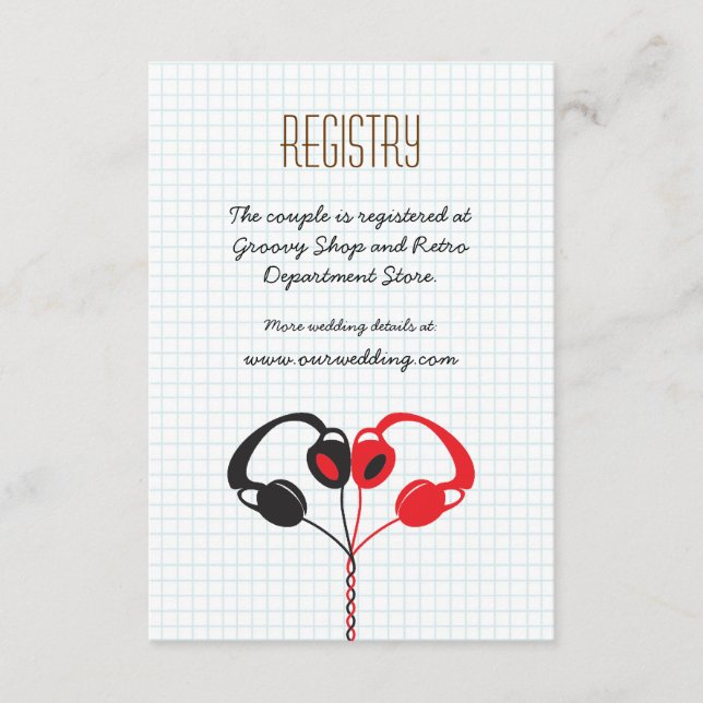 Retro Headphones Heart Music Wedding Red and Black Enclosure Card (Front)