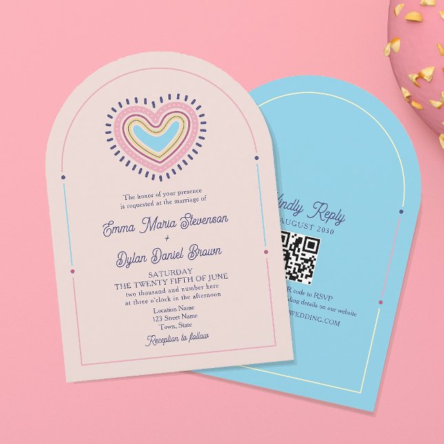 Retro Heart Arch Wedding Invite with QR (Creator Uploaded)