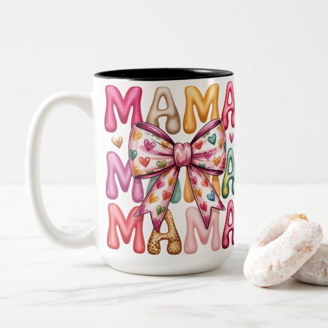 Retro Heart Bow Mama Stacked Design Two-Tone Coffee Mug (With Donut)