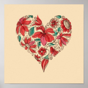 Retro heart of flowers love symbol poster