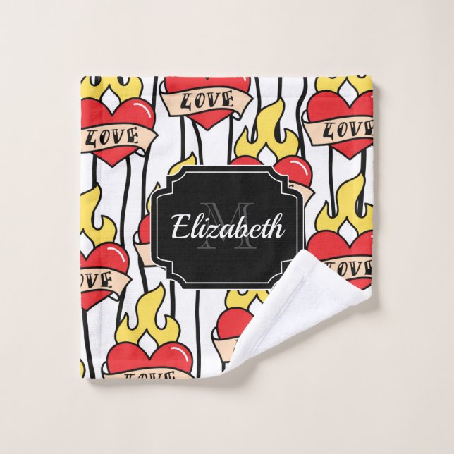 Retro Heart Tattoo Bath Towel Set (Wash Cloth)