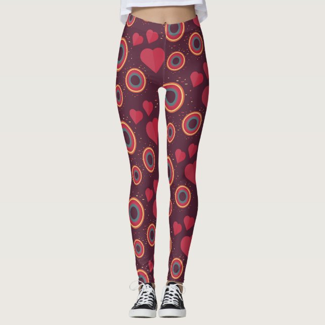 Retro Hearts and Circles Pattern Leggings (Front)