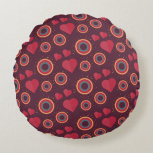 Retro Hearts and Circles Pattern Round Cushion