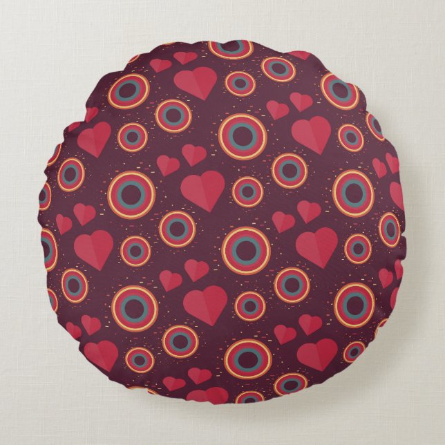 Retro Hearts and Circles Pattern Round Cushion (Front)