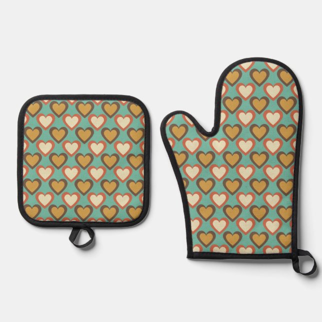 Retro Hearts Colours in Bluish Green Oven Mitt & Pot Holder Set (Front)