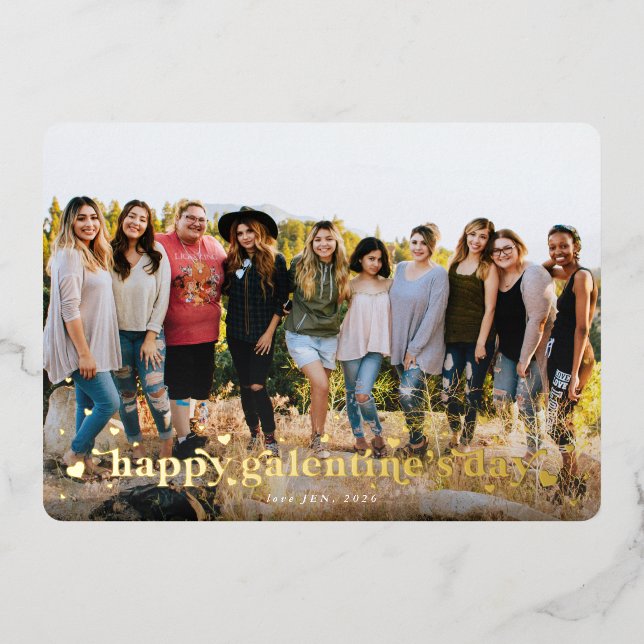Retro Hearts Happy Galentine's Day Foil Photo Card (Front)