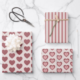 Retro Hearts Pink Burgundy Y2K Style Wrapping Paper Sheet