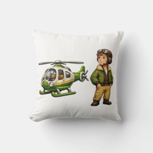 Retro Helicopter Pilot Boy with Vintage Chopper Cushion