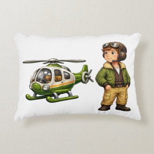 Retro Helicopter Pilot Boy with Vintage Chopper Decorative Cushion