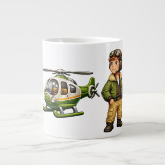 Retro Helicopter Pilot Boy with Vintage Chopper Large Coffee Mug