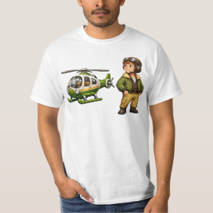 Retro Helicopter Pilot Boy with Vintage Chopper T-Shirt