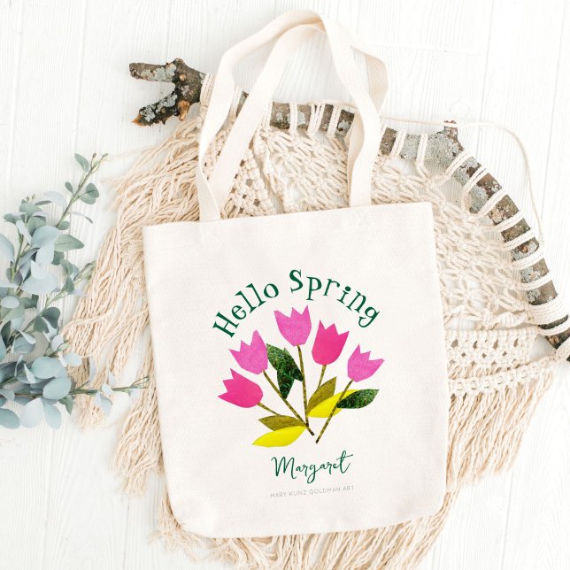 Retro Hello Spring Cute Personalised Spring Tote Bag (This stunning bunch of tulips is my own original cut paper art. It's paired with vintage typography.)
