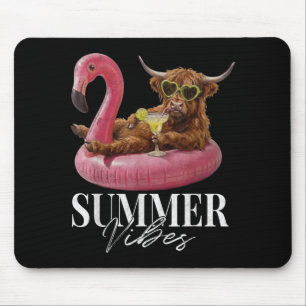Retro Hello Summer Vibes Highland Cow Funny Beach Mouse Pad