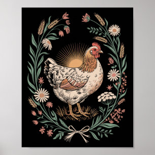 Retro Hen In Floral Frame Country Chicken Lover Ar Poster
