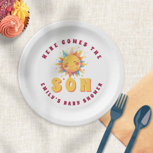 Retro Here Comes The Son Boy Baby Shower Paper Plate