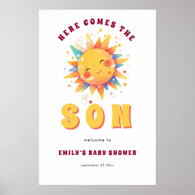 Retro Here Comes The Son Welcome To Baby Shower Poster (Front)