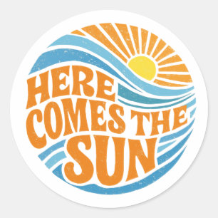 Retro "Here Comes The Sun" Groovy 70s Beach Classic Round Sticker