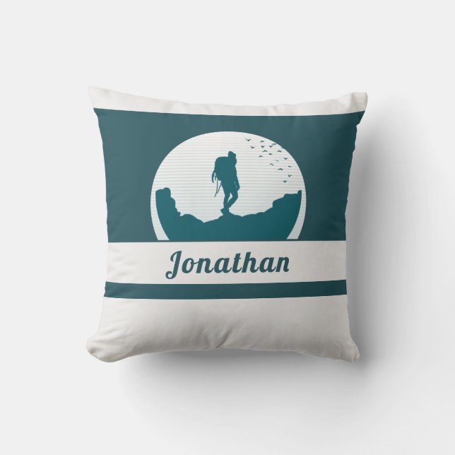 Retro Hiking Camping Landscape Custom Name Teal    Cushion (Front)
