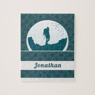 Retro Hiking Camping Landscape Custom Name Teal Jigsaw Puzzle