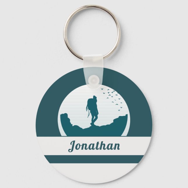 Retro Hiking Camping Landscape Custom Name Teal   Key Ring (Front)