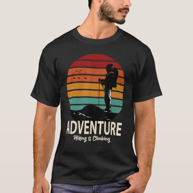 Retro Hiking Hiker On Rock Retro Sunset Mountain 1 T-Shirt (Front)
