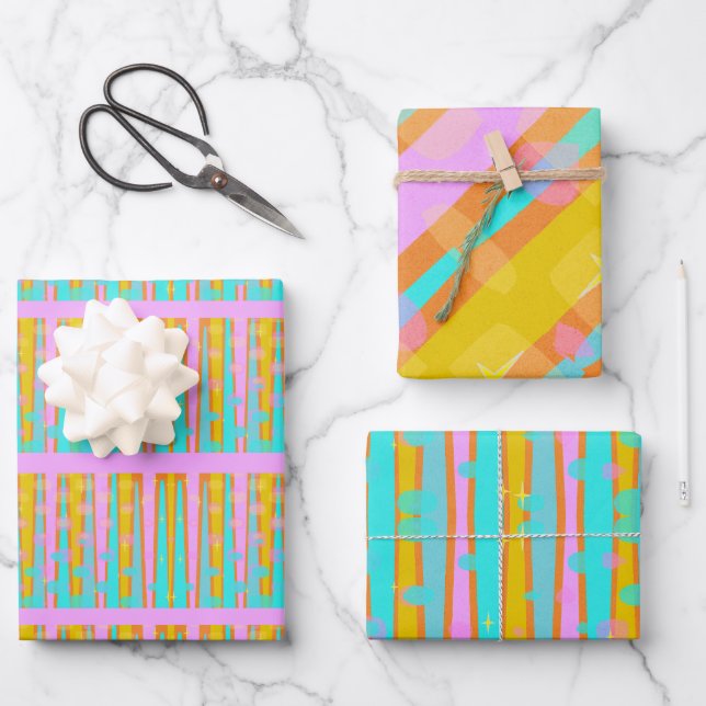 Retro Hip Mod Pop Striped Pattern Pink Orange Blue Wrapping Paper Sheet (Front)