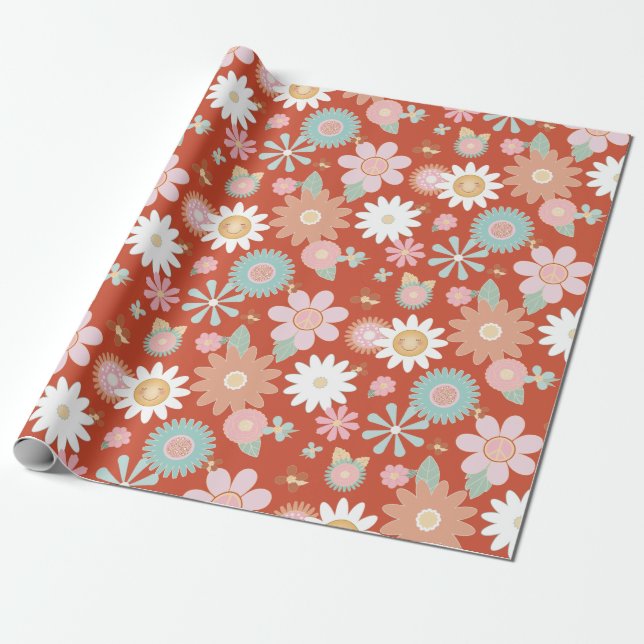 Retro Hippie 60s 70s Daisy Flower Floral Decoupage Wrapping Paper (Unrolled)