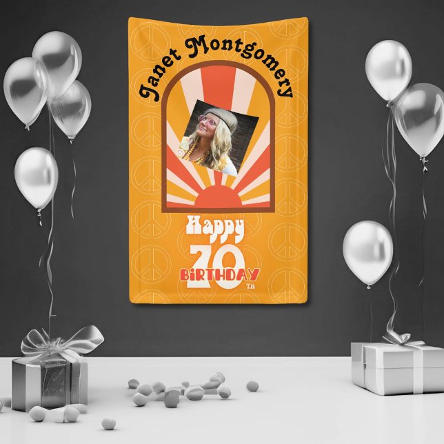Retro Hippie 60's Custom Photo 70th Birthday Banner (Creator Uploaded)