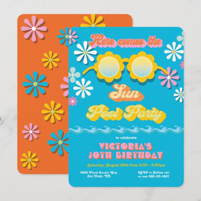 Retro Hippie 70's 60's Daisy Pool Party Birthday Invitation (Front/Back)
