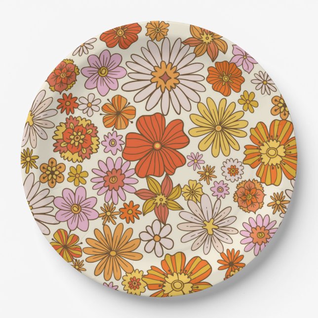 Retro Hippie 70s Floral Pattern Party Paper Plate (Front)