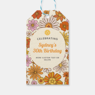 Retro Hippie 70s Floral Pattern Pickleball Party Gift Tags
