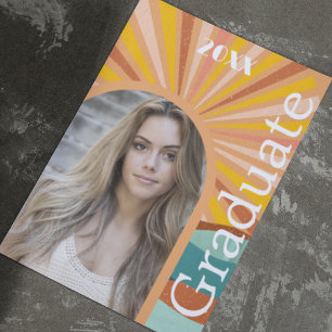 Retro Hippie Arch Photo 70s Peach Graduation  Invitation