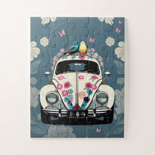 Retro Hippie Beetle Bug Car Floral Teal Jigsaw Puzzle