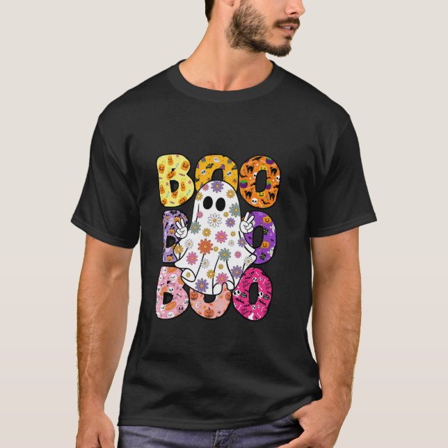 Retro Hippie Boo Ghost Floral Halloween Spooky Sea T-Shirt (Front)